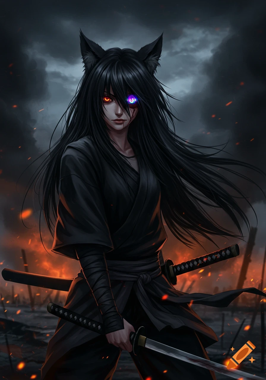Anime warrior girl with black wolf ears, glowing eyes, scar, and katana in a fiery battlefield.