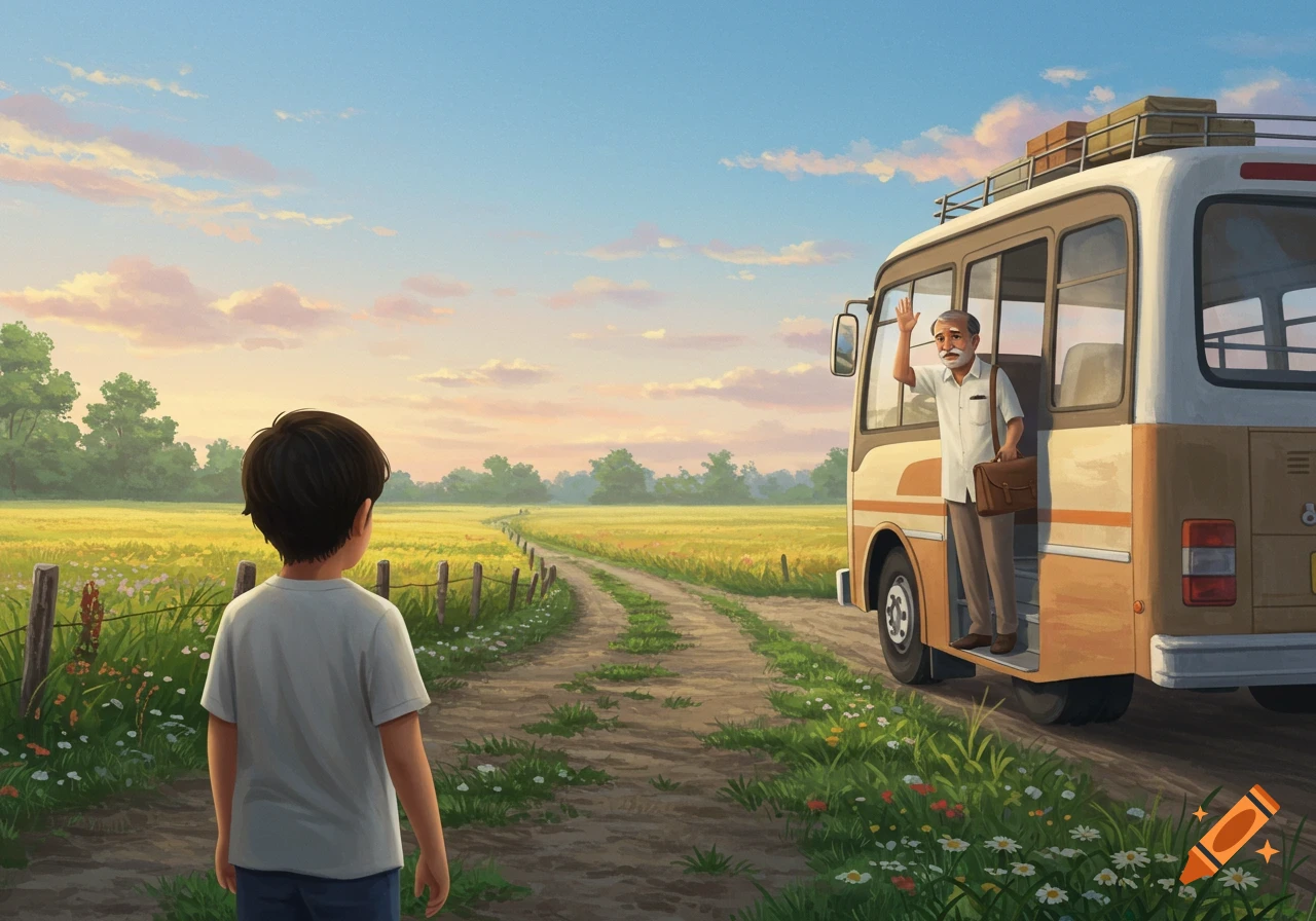Illustrated scene of a young boy watching an older man wave goodbye from a bus on a dirt road through fields at sunset.