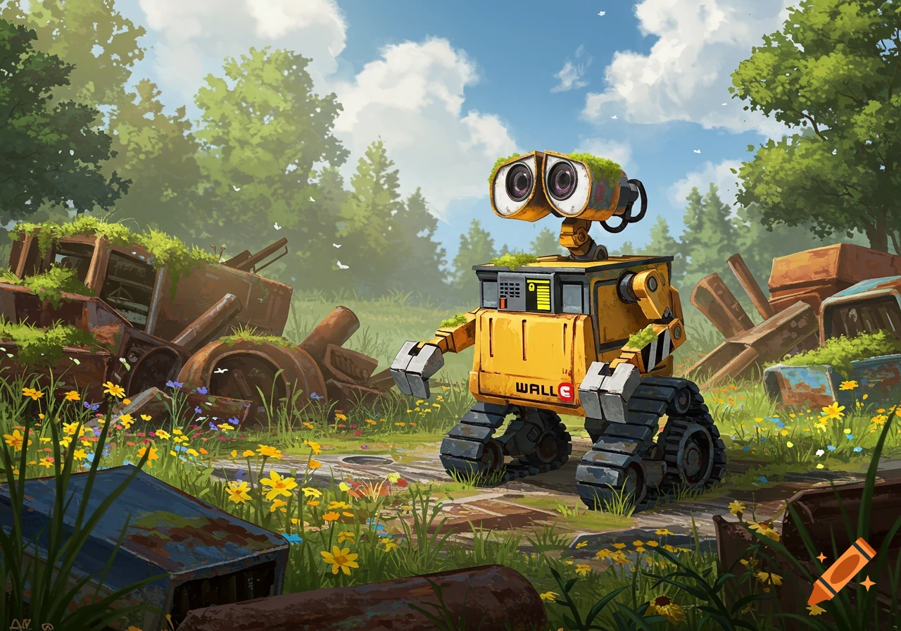 WALL-E robot stands in an overgrown junkyard field with wildflowers, under a blue sky, in an animated illustration.