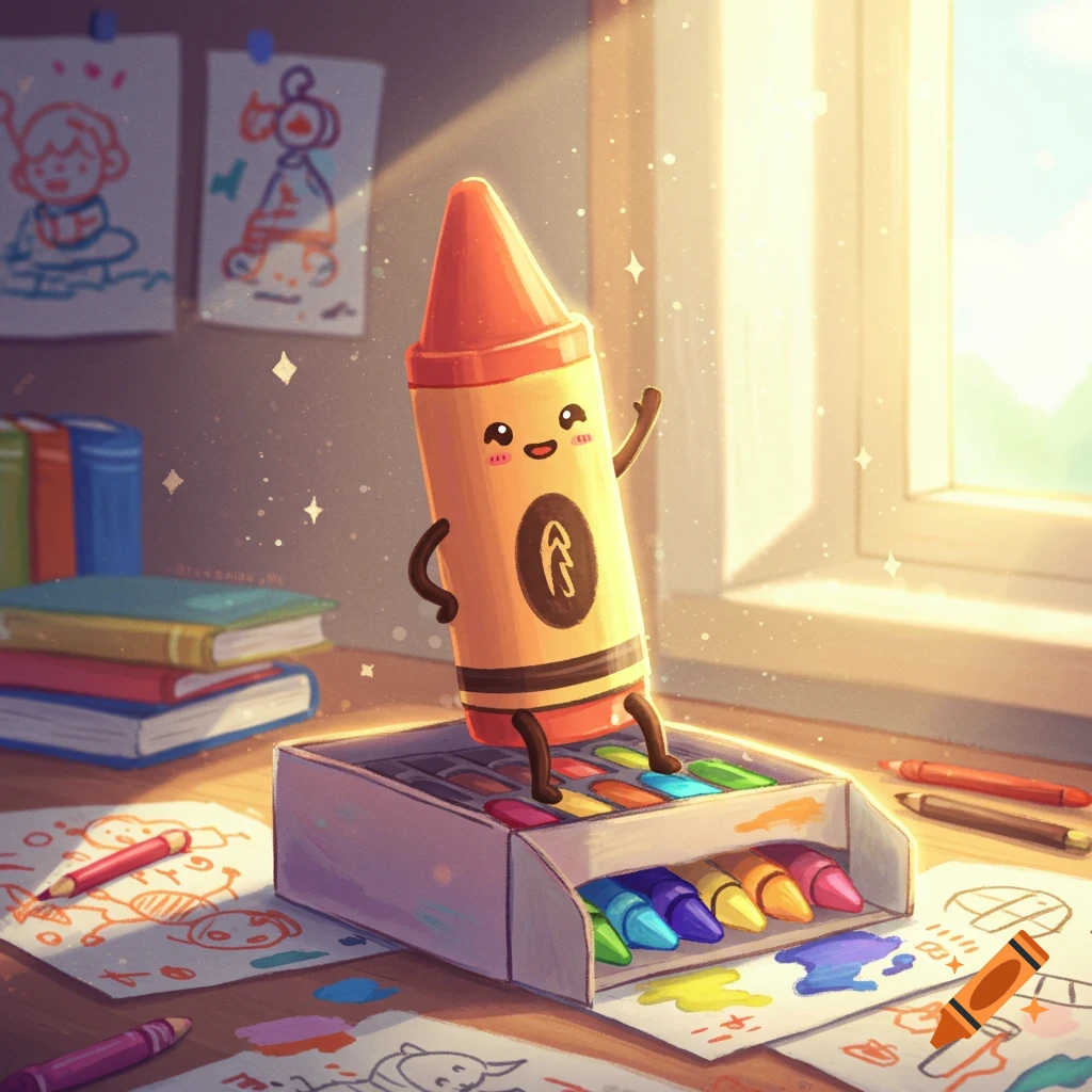 A cute, smiling anthropomorphic orange crayon sits in a box of crayons on a sunlit desk with children's drawings and books in a warm, cartoon style.