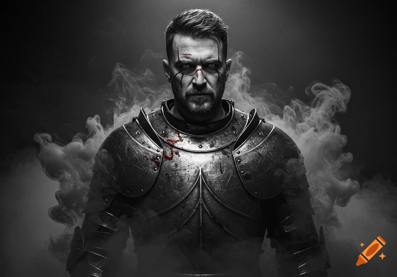 Photorealistic black and white portrait of a stern knight with red face paint and blood on his armor, surrounded by smoke.