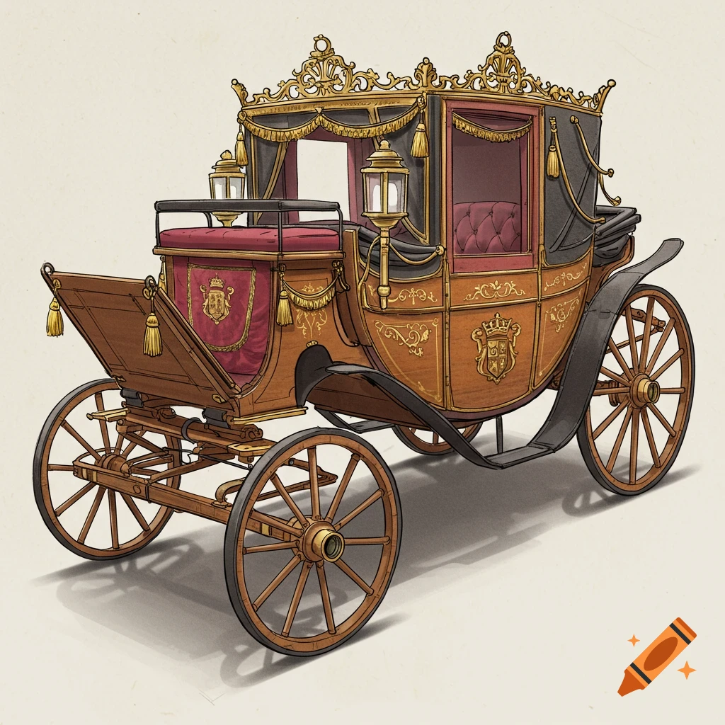 Ornate royal carriage, detailed sketch illustration with gold accents and red interior.