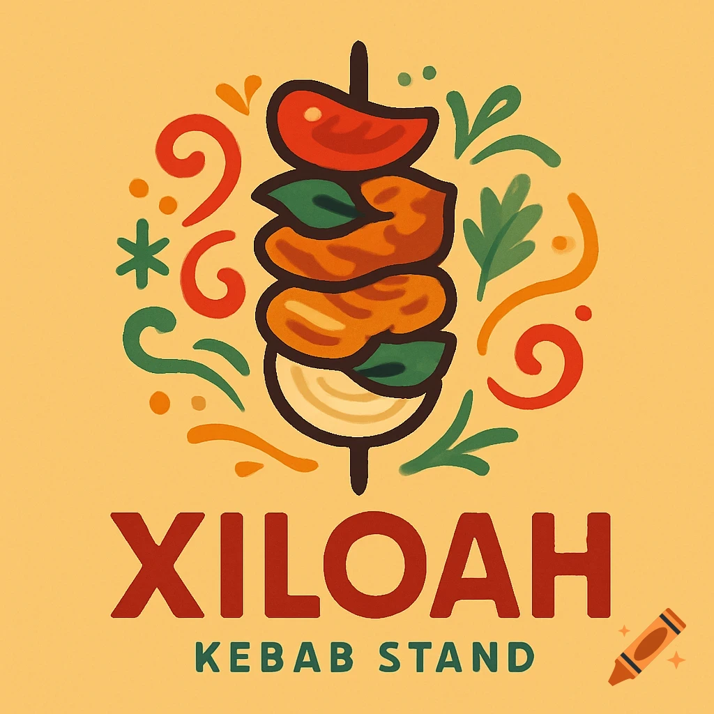 Stylized logo for Xiloah Kebab Stand, featuring a colorful kebab skewer illustration against a yellow background.