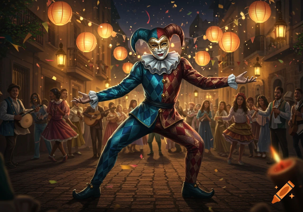 A Harlequin in a red and blue costume and mask poses on a festive street at night with lanterns, confetti, and a celebrating crowd.