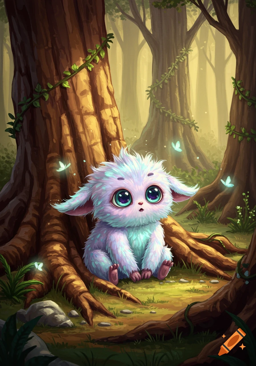 A cute, light blue and purple furry creature with large, sparkling eyes sits at the base of a tree in a whimsical forest with glowing butterflies.