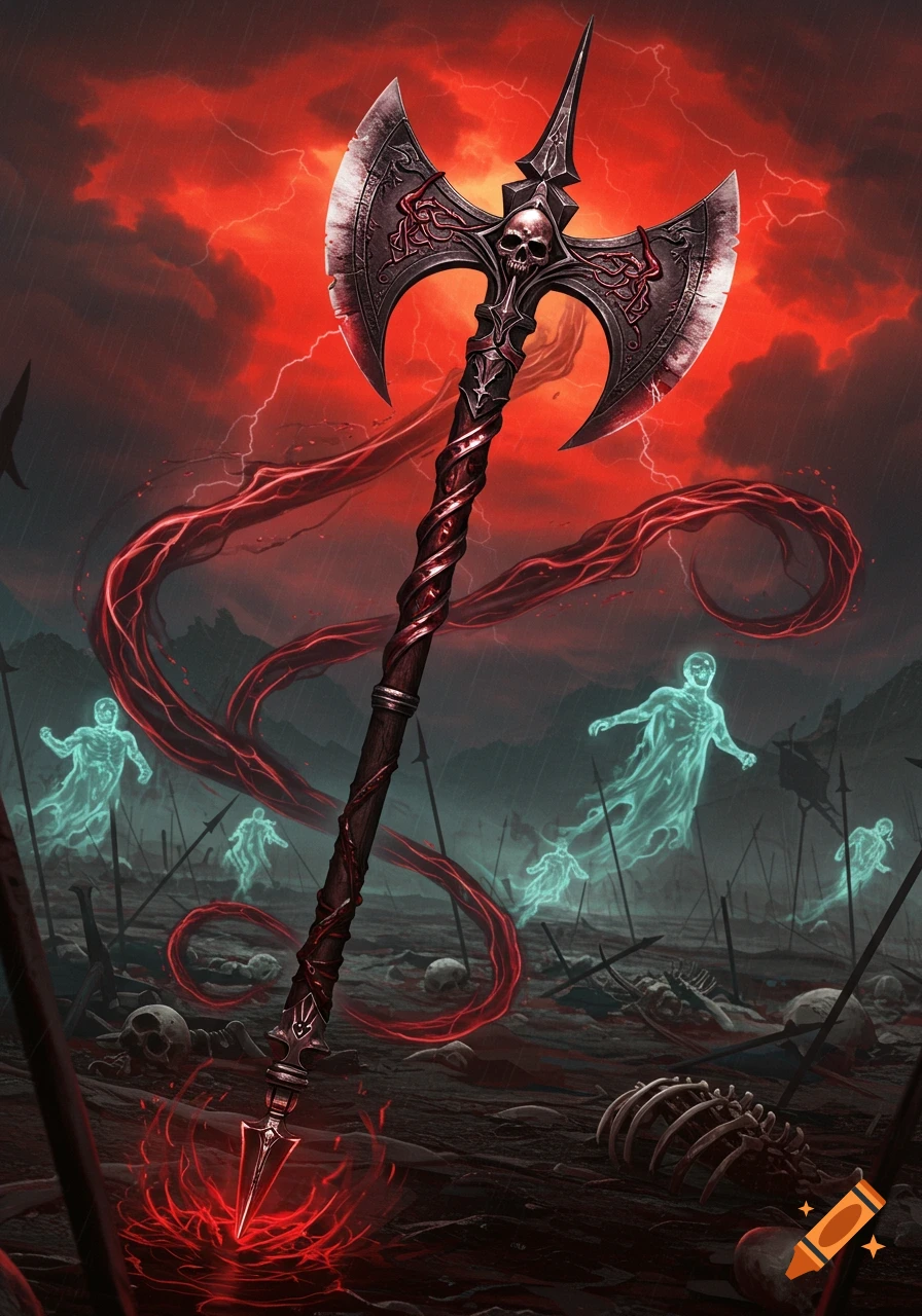 A dark fantasy illustration of a skull-adorned poleaxe in a blood-soaked battlefield with floating ghosts under a stormy red sky.