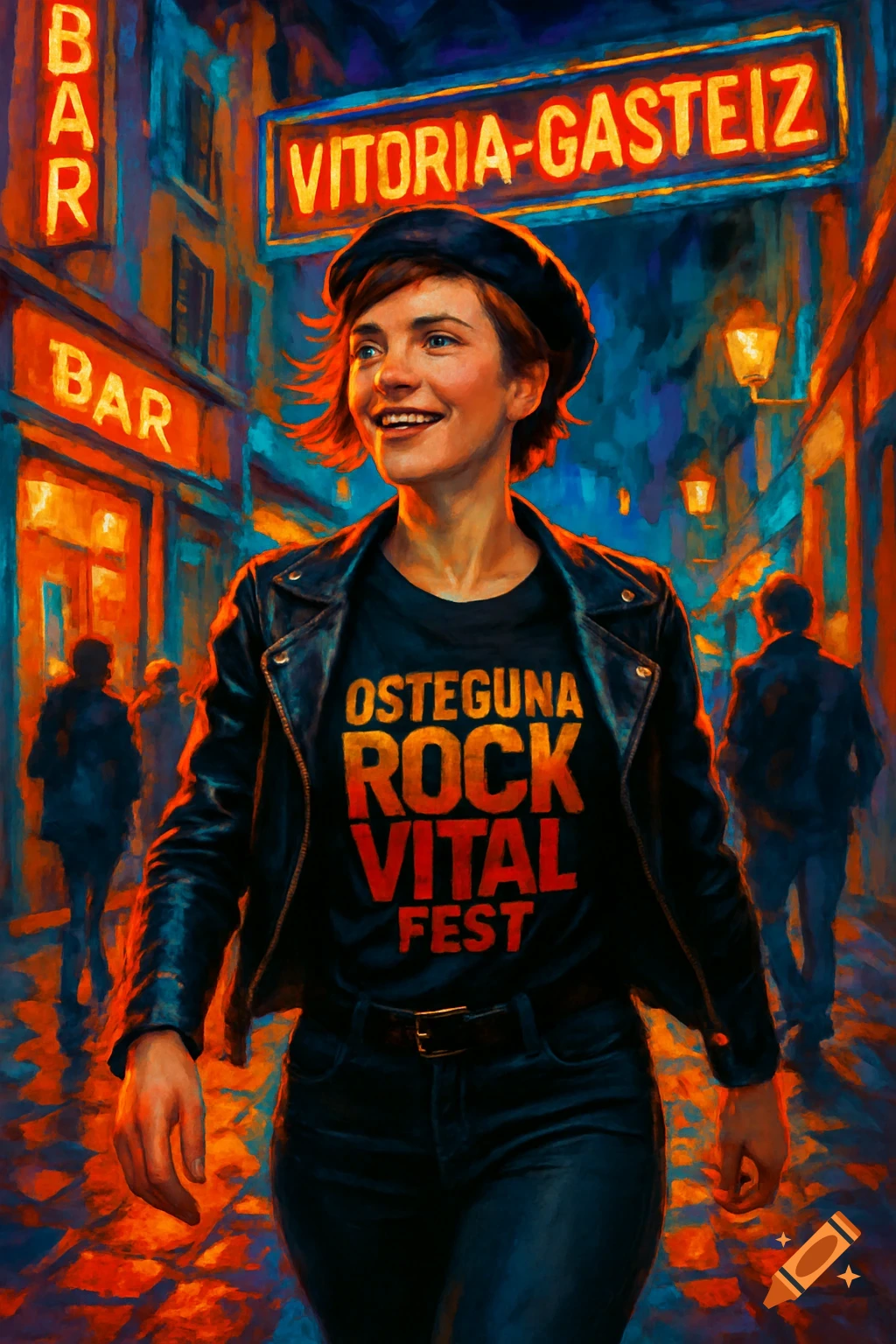 A smiling woman in a leather jacket and beret walks down a neon-lit city street at night, with 'Osteguna Rock Vital Fest' on her shirt, in a painterly style.