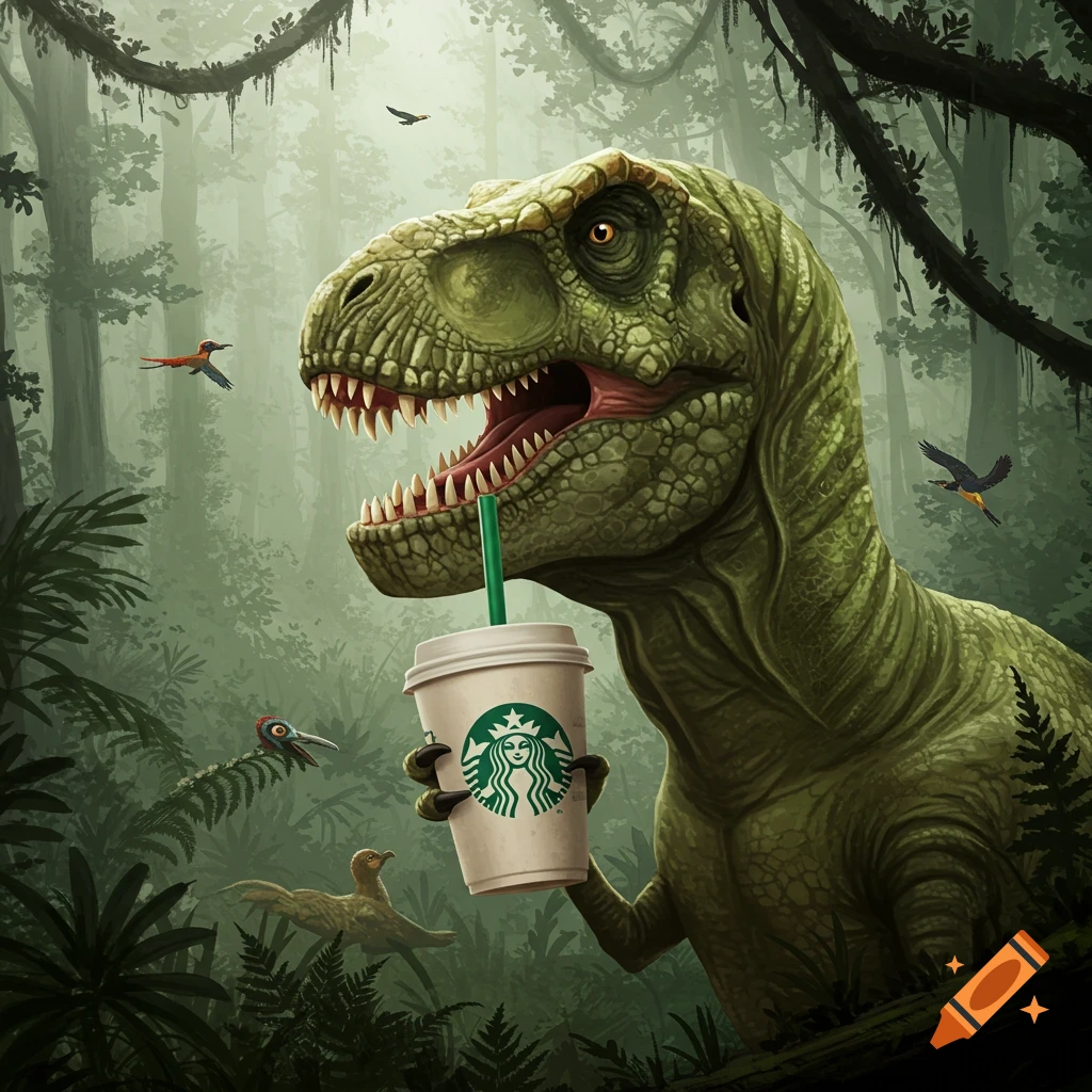A detailed illustration of a T-Rex drinking Starbucks coffee with a straw in a lush, misty jungle.