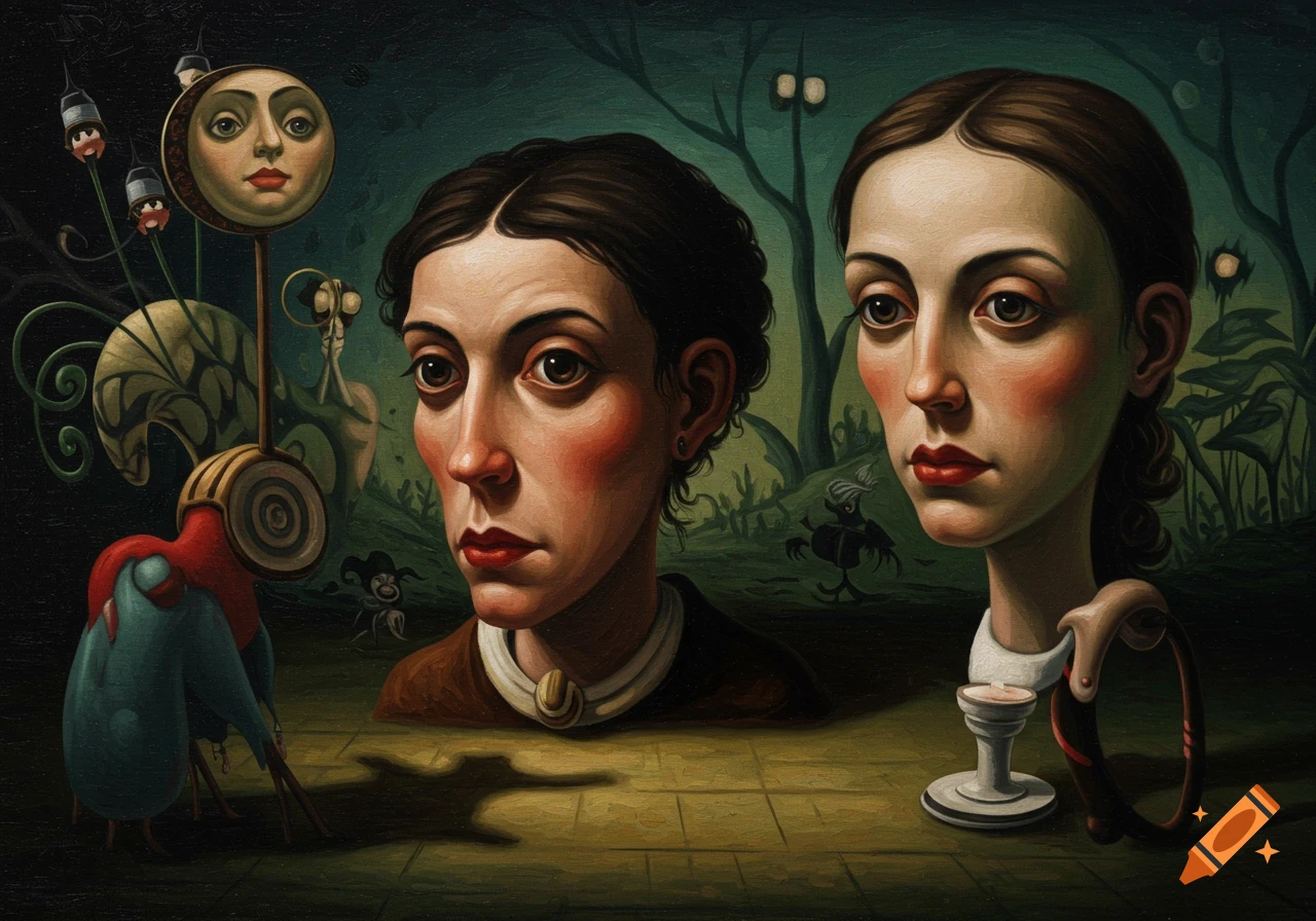 Surrealist oil painting of two women's faces with large eyes and rosy cheeks, surrounded by abstract, dreamlike elements and strange creatures in a dark, greenish landscape.