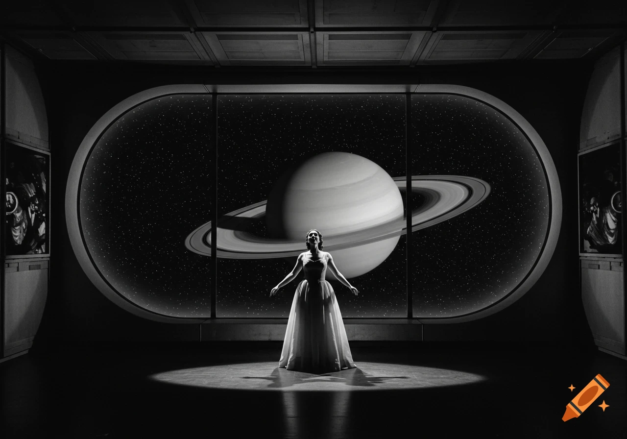 A black and white photograph of a woman in a long gown, standing on a stage in a spaceship, looking up at Saturn through a grand window.