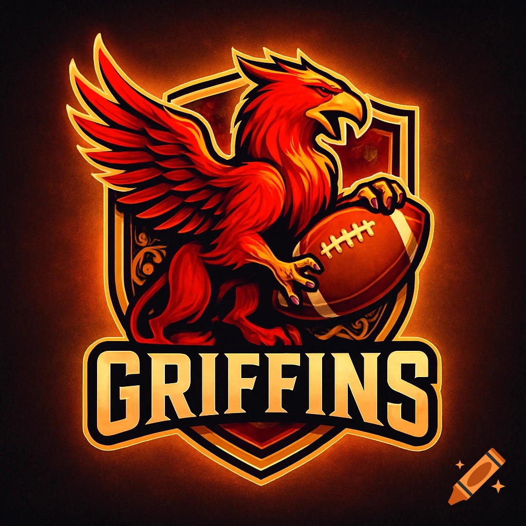 Vibrant red griffin holding a football, centered on a gold-outlined shield logo with the word GRIFFINS below it.