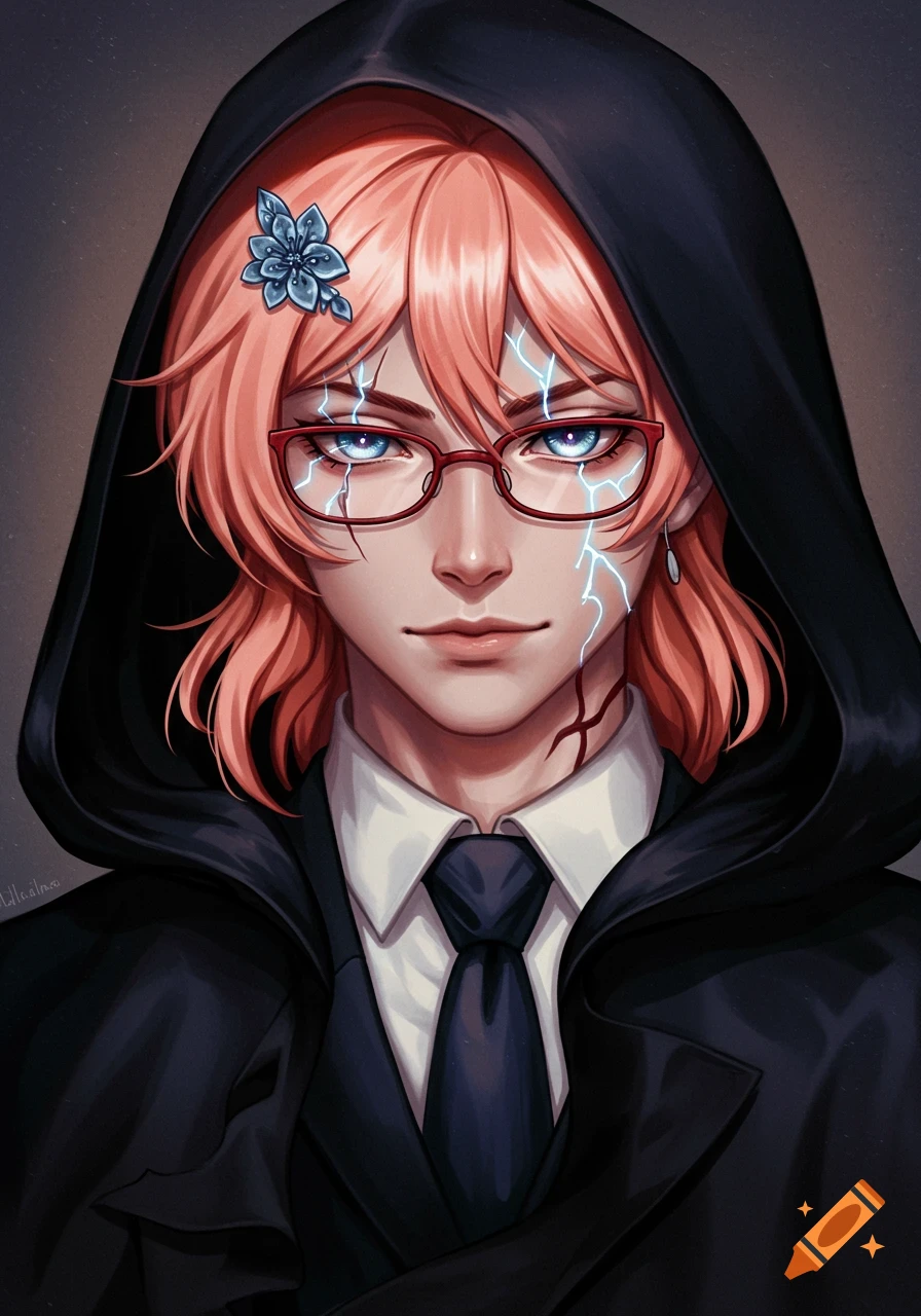 Anime-style portrait of a man with peach hair, red glasses, glowing blue eyes with lightning scars, and a black hooded suit.