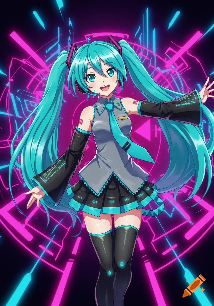 A full-body anime illustration of Hatsune Miku with long teal pigtails, wearing her signature outfit, against a vibrant neon pink and blue digital background.