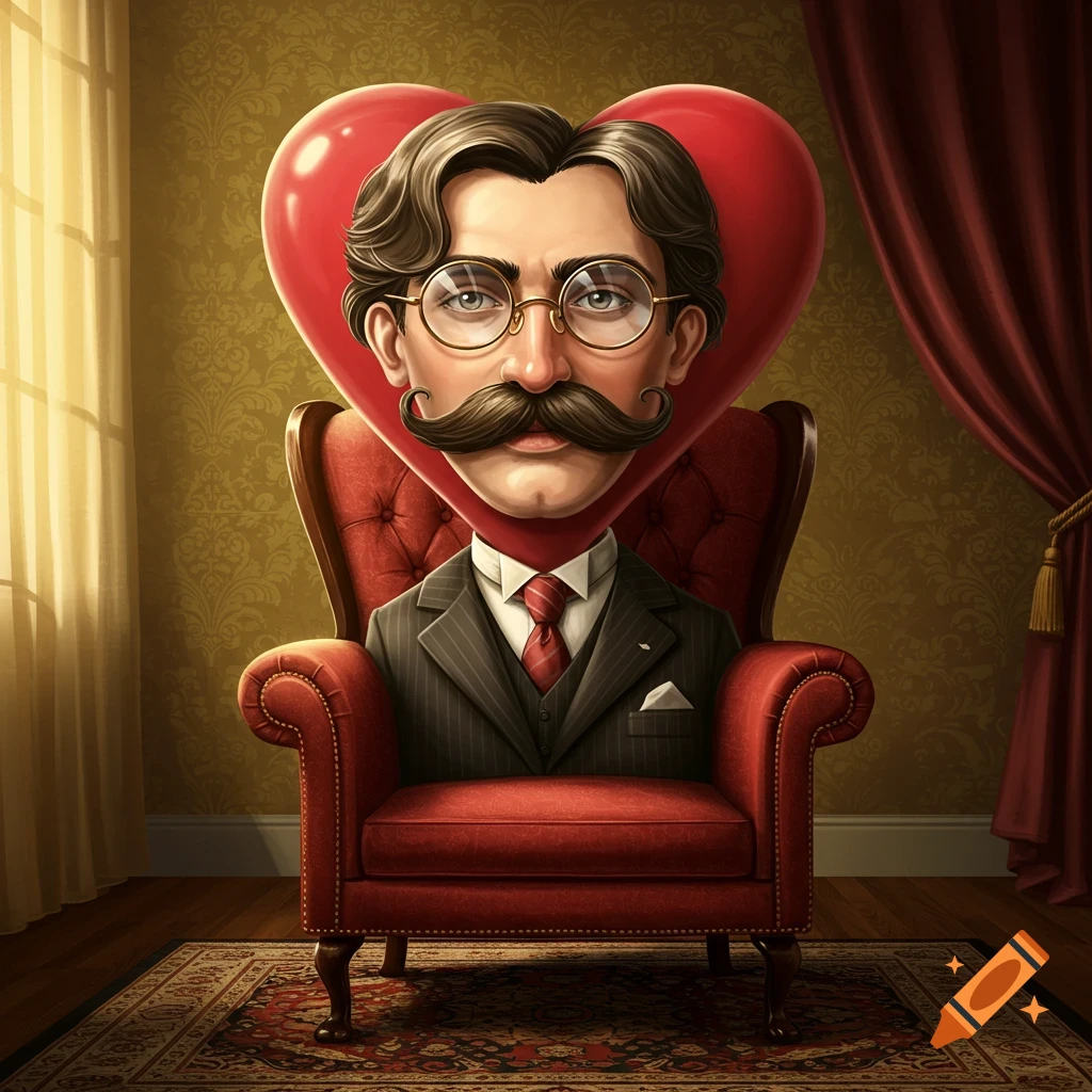 Stylized illustration of a man with a heart-shaped head, mustache, and glasses, sitting in a red armchair.