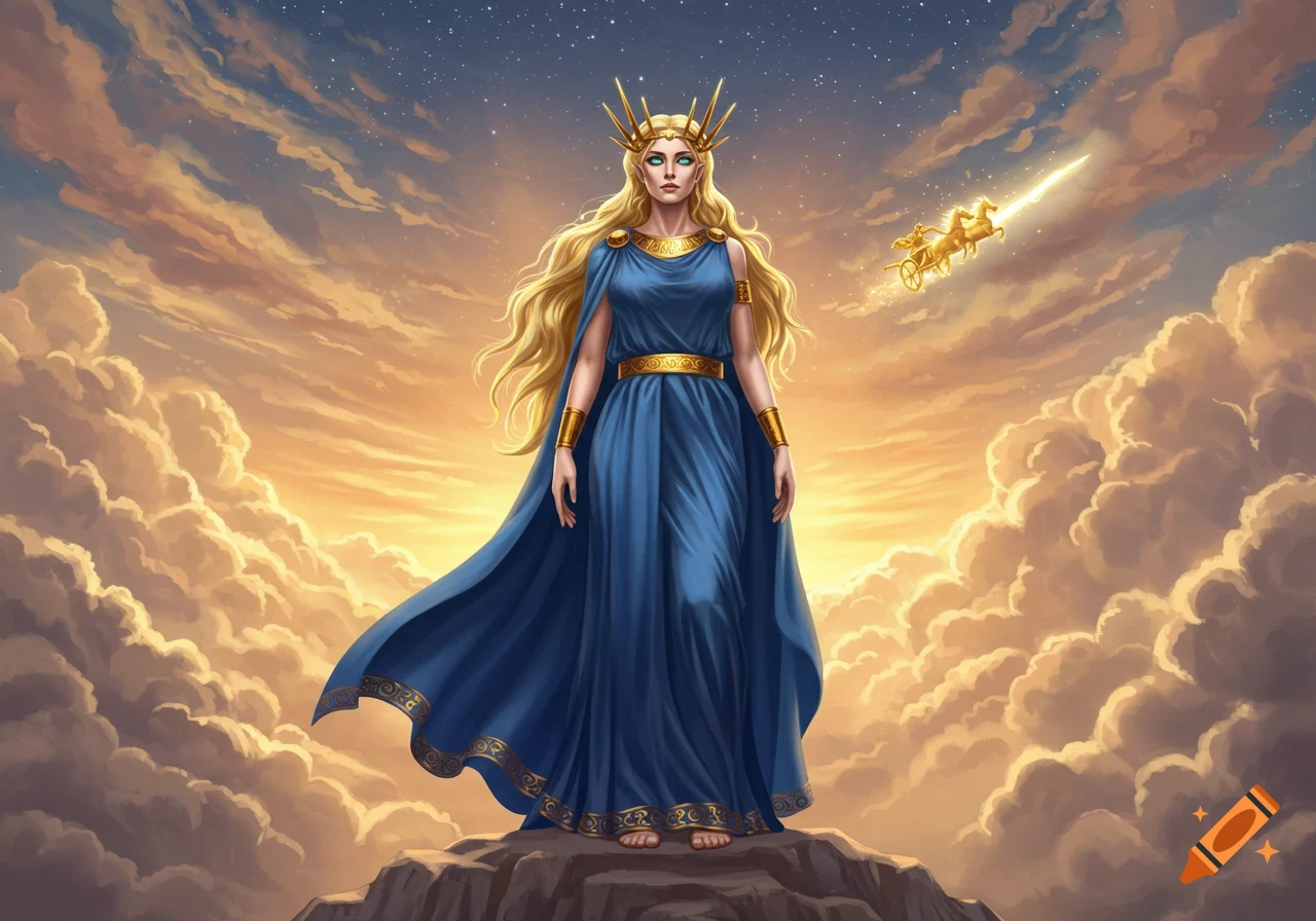 A goddess-like woman in a blue and gold dress stands on a rocky peak, with a golden chariot flying across a cloudy, star-filled sunset sky.