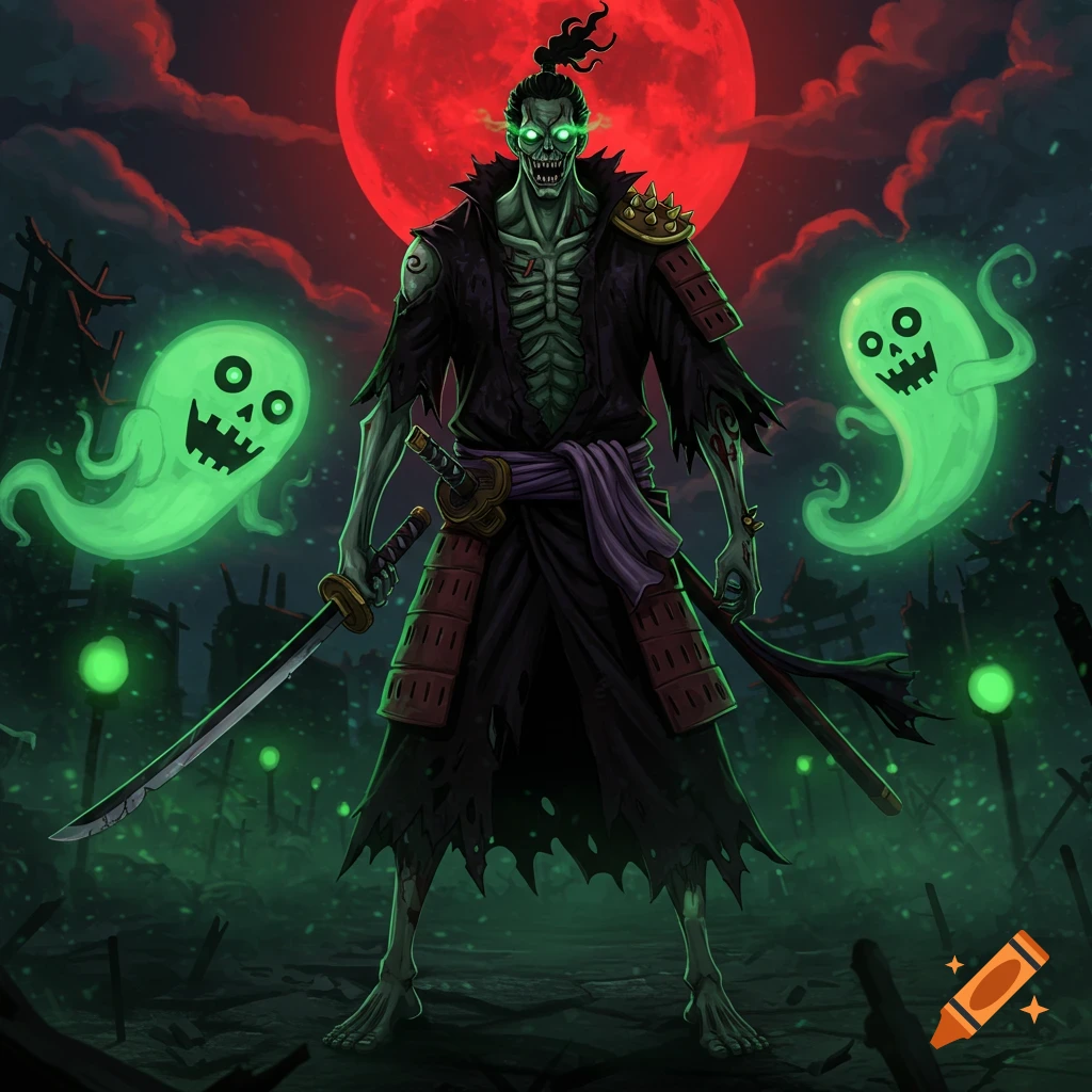A zombie samurai stands in a destroyed city under a red moon, flanked by glowing green ghosts, in a stylized illustration.