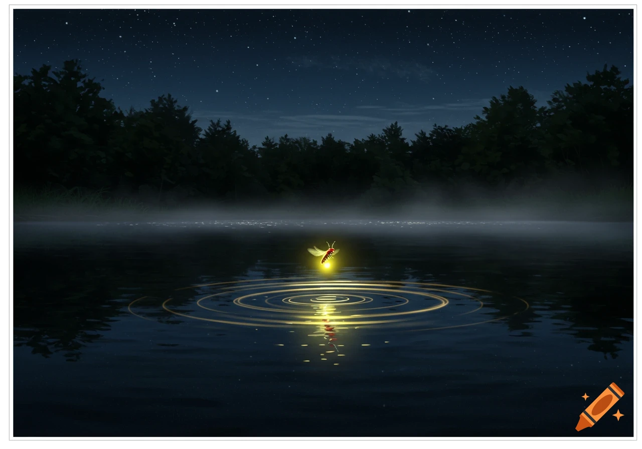 A glowing firefly hovers over dark water at night, creating light ripples, with misty forest and stars in the background.