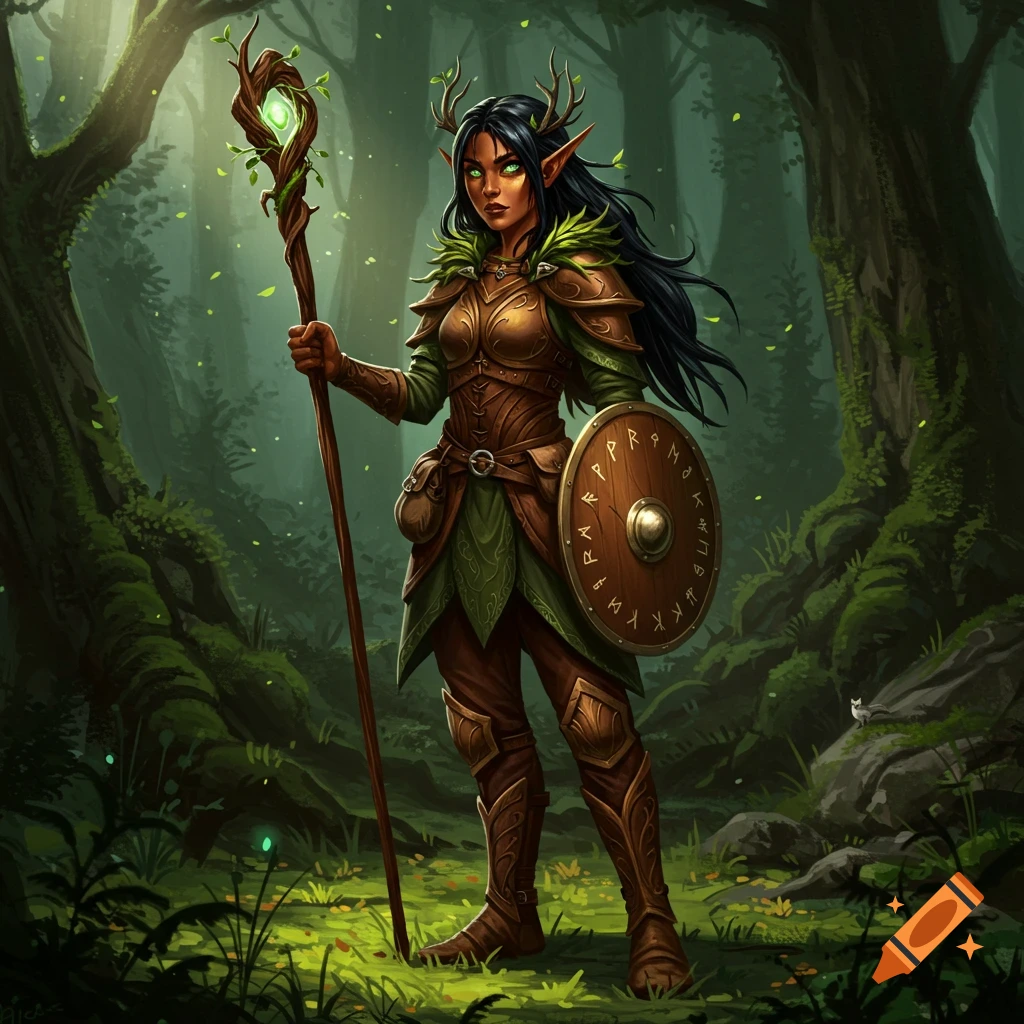 A young female Elf Druid with dark hair, green eyes, and copper skin, wearing leather armor, holding a staff and a runic wooden shield in a lush forest.