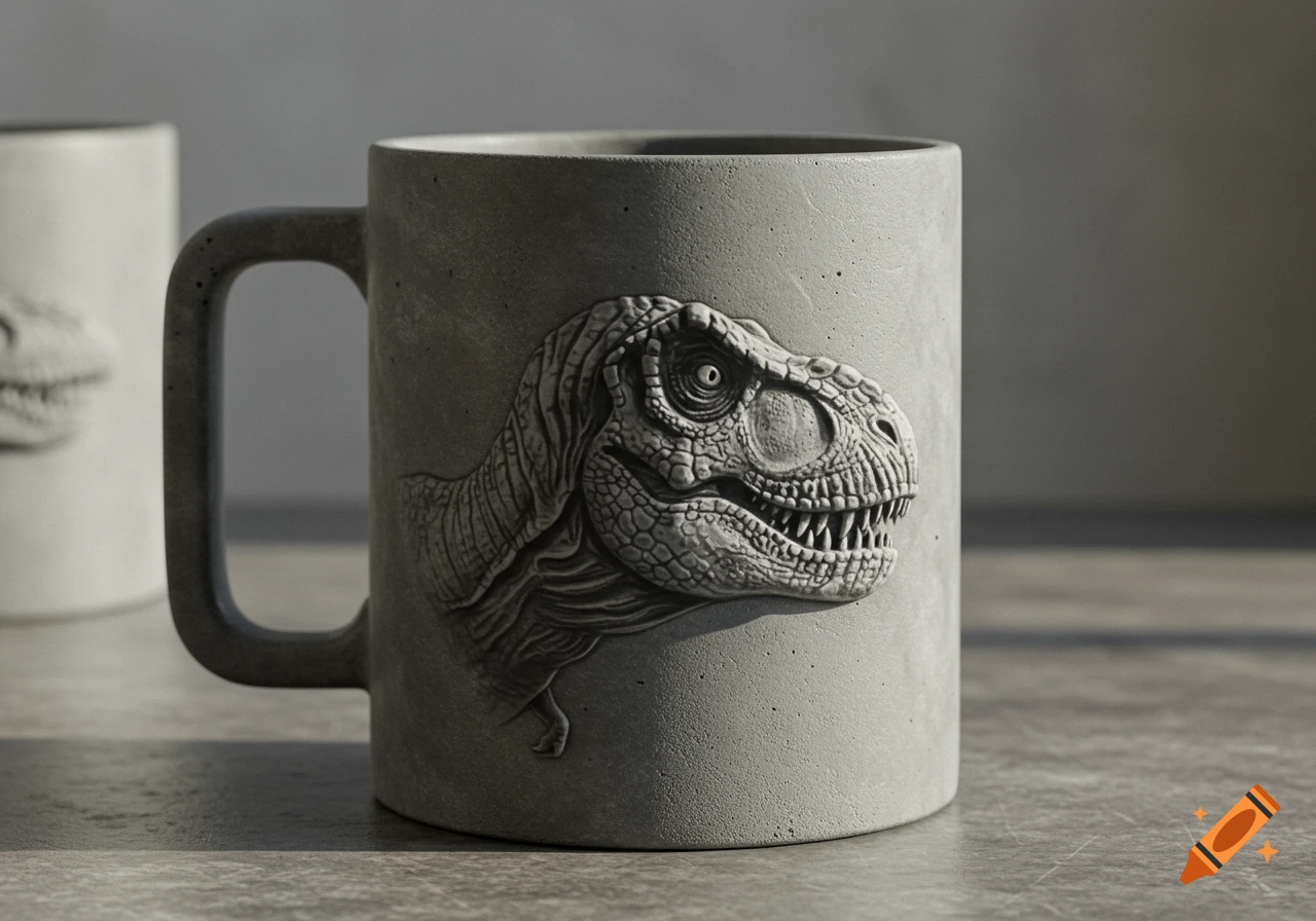 A photorealistic close-up of a concrete mug featuring a detailed T-Rex dinosaur head relief.