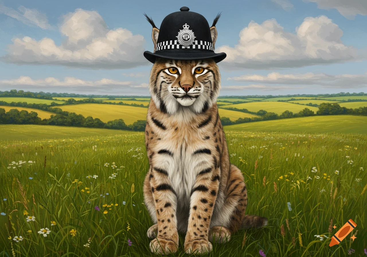 A bobcat wearing an English police bobby hat sits in a sunny green field.