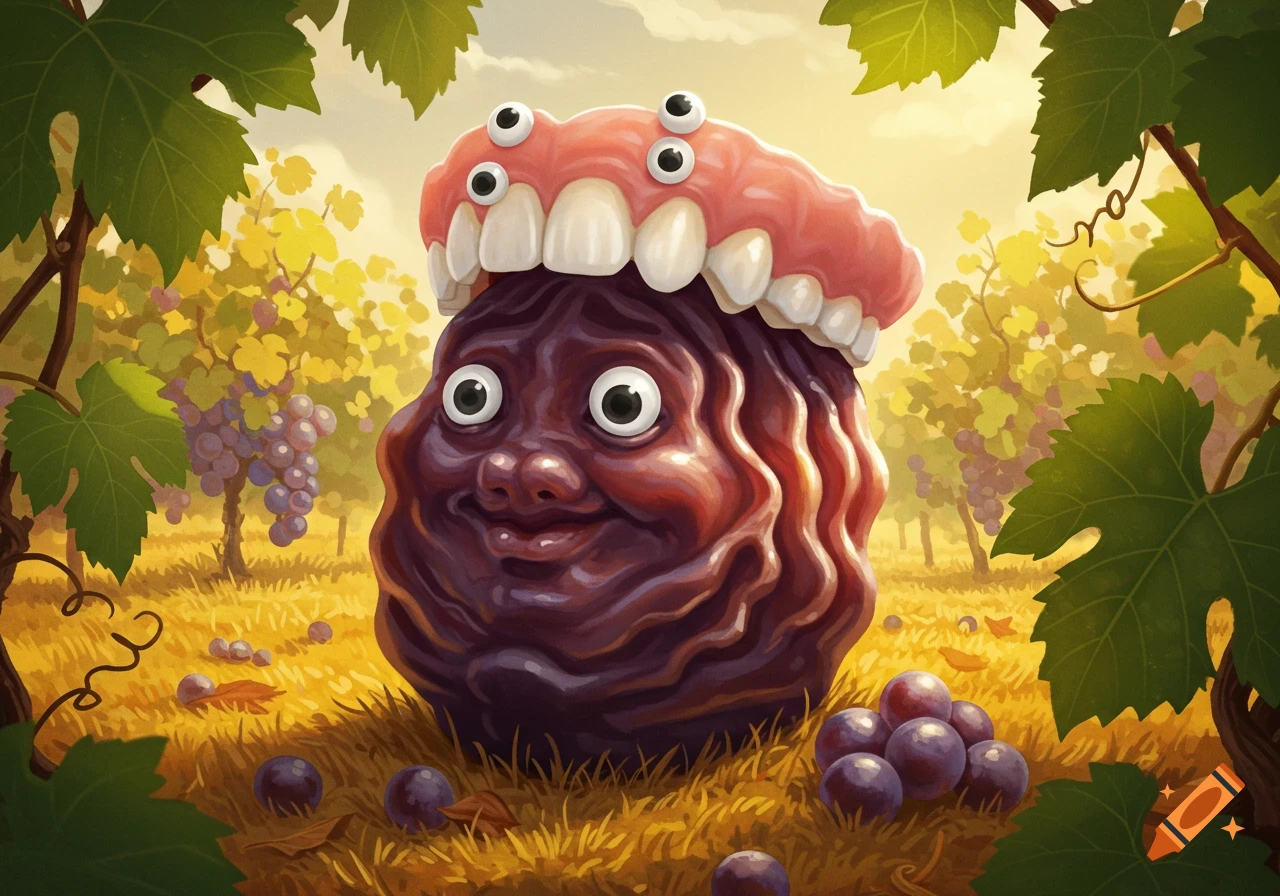 A cartoonish giant raisin with a human-like face and dentures with multiple googly eyes on top, sitting in a sunny vineyard.