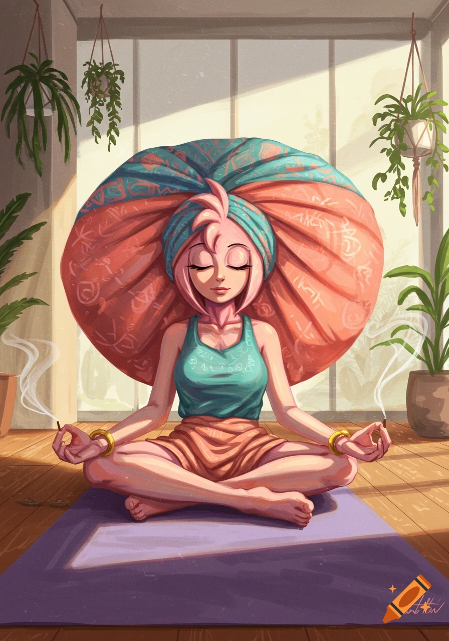 Stylized illustration of a pink-haired woman wearing a large patterned turban, meditating on a purple yoga mat surrounded by plants.
