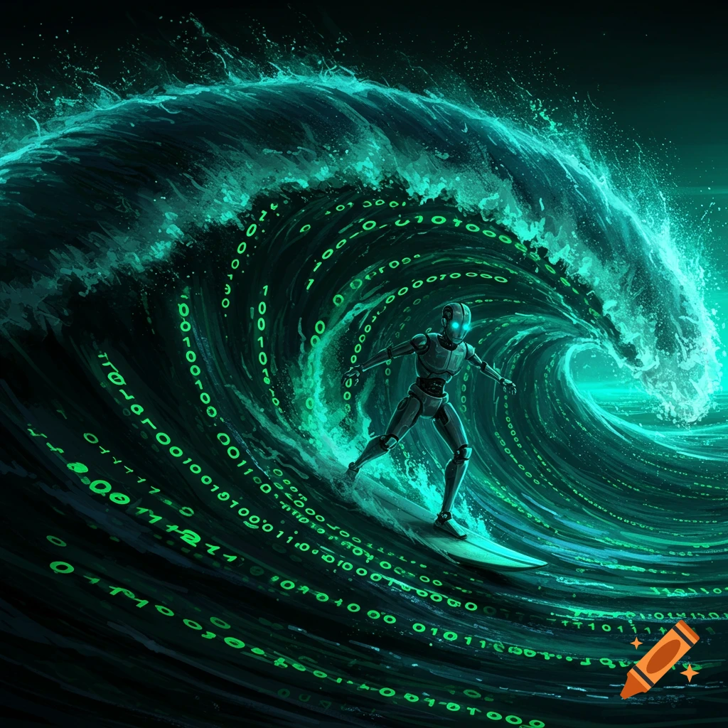 A sleek robot surfs on a massive wave composed of glowing green binary code (0s and 1s) against a dark, dramatic background.