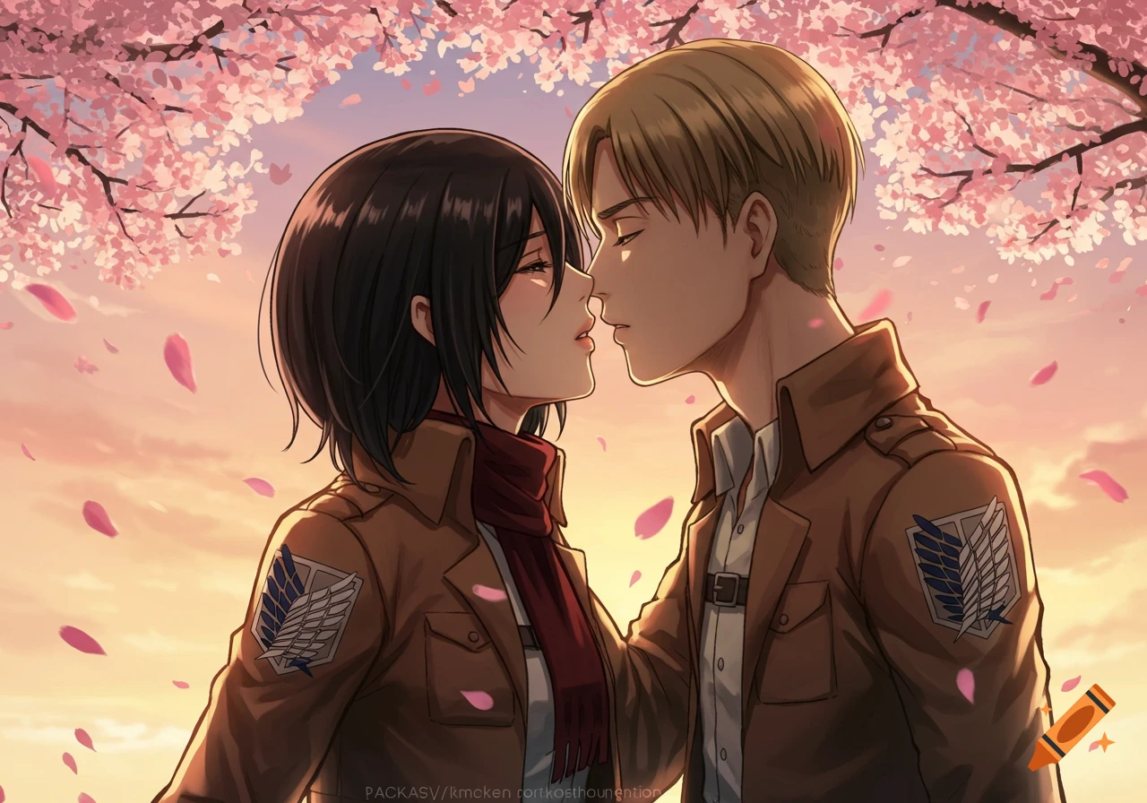 Two anime characters, a woman and a man, lean in to kiss under a cherry blossom tree at sunset, anime style.