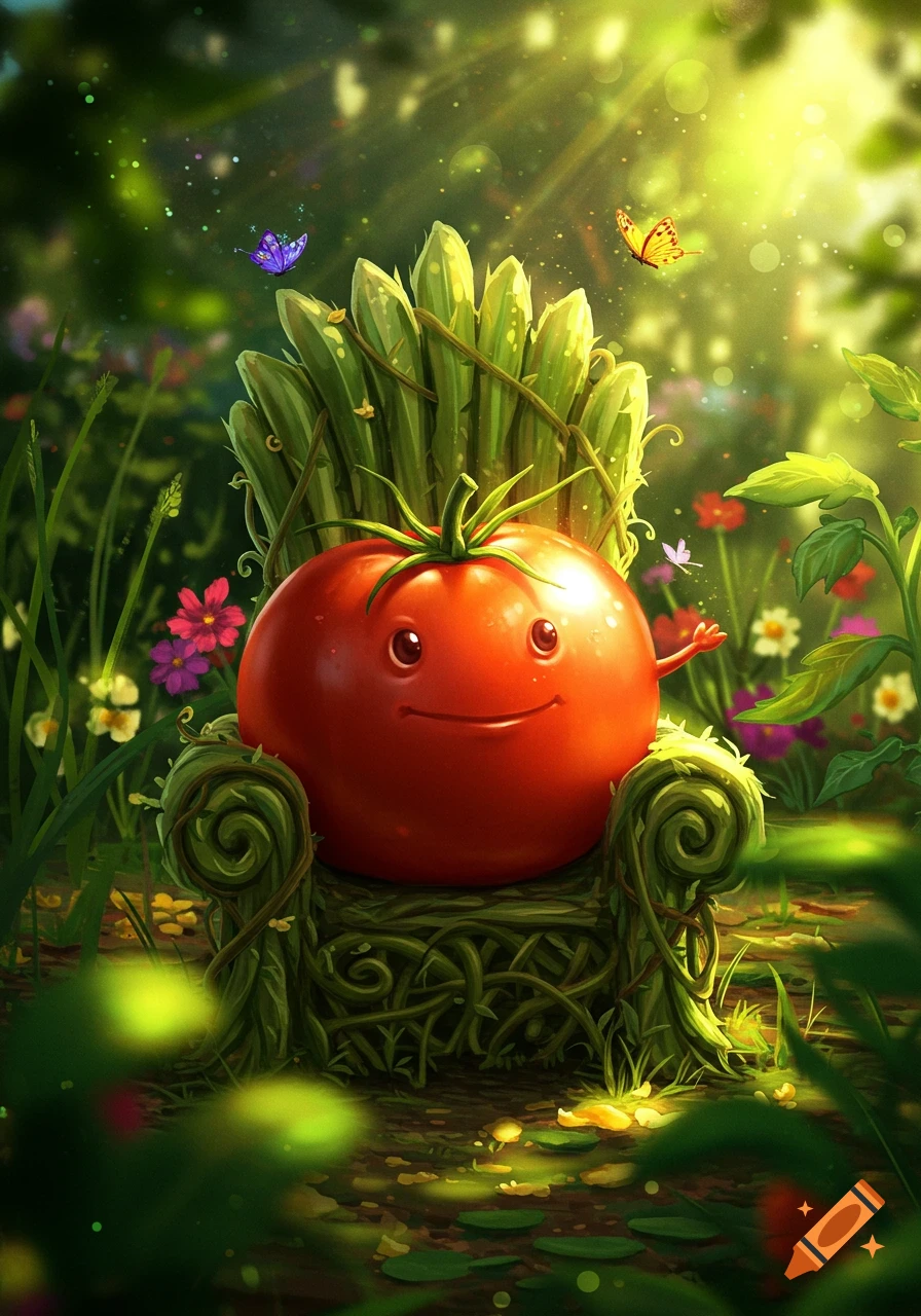 A happy, anthropomorphic red tomato sits on a green vine throne in a sunny, enchanted garden, waving with a small arm.