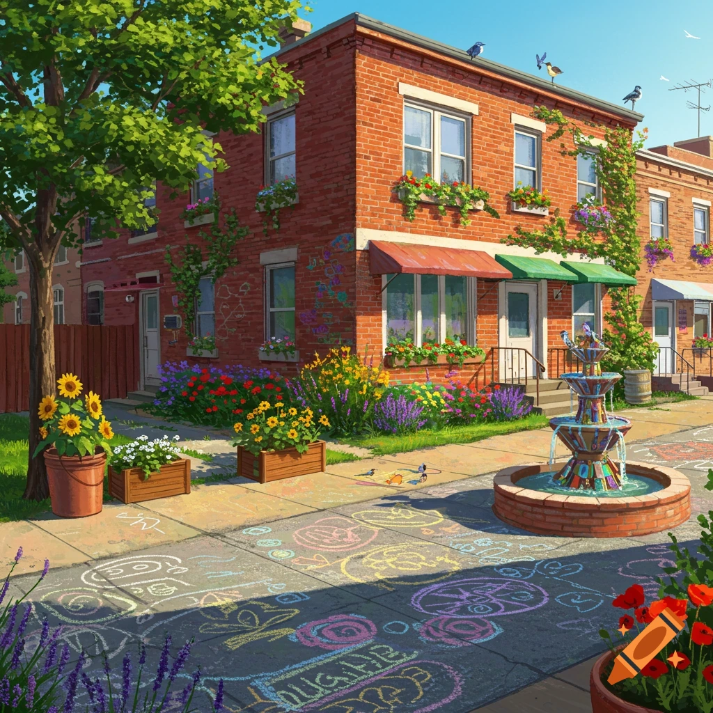 A vibrant street scene with brick buildings, lush flower gardens, a decorative fountain, and colorful chalk drawings on the pavement under a clear blue sky.