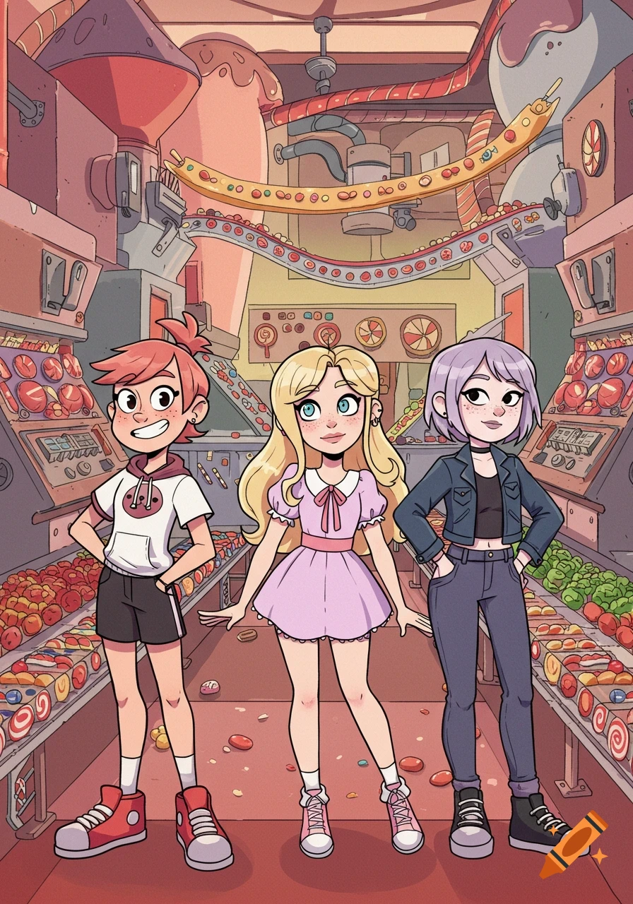 Three diverse cartoon girls with distinct hairstyles and outfits stand smiling in a vibrant candy factory with conveyor belts of sweets.