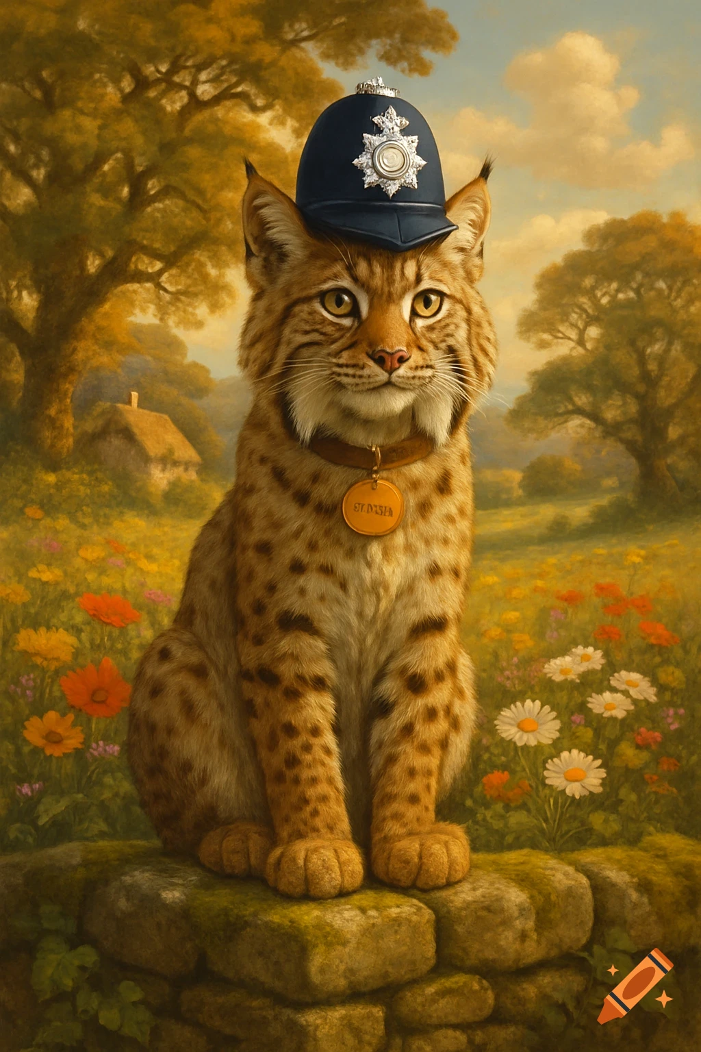 A painting of a bobcat wearing a British police bobby hat, sitting on a stone wall in a field of wildflowers.