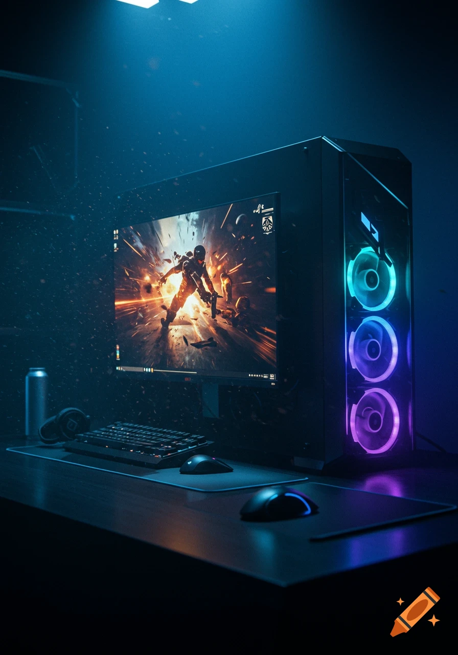 A dark gaming setup with a monitor displaying an action game, a PC tower with glowing fans, keyboard, and mice.
