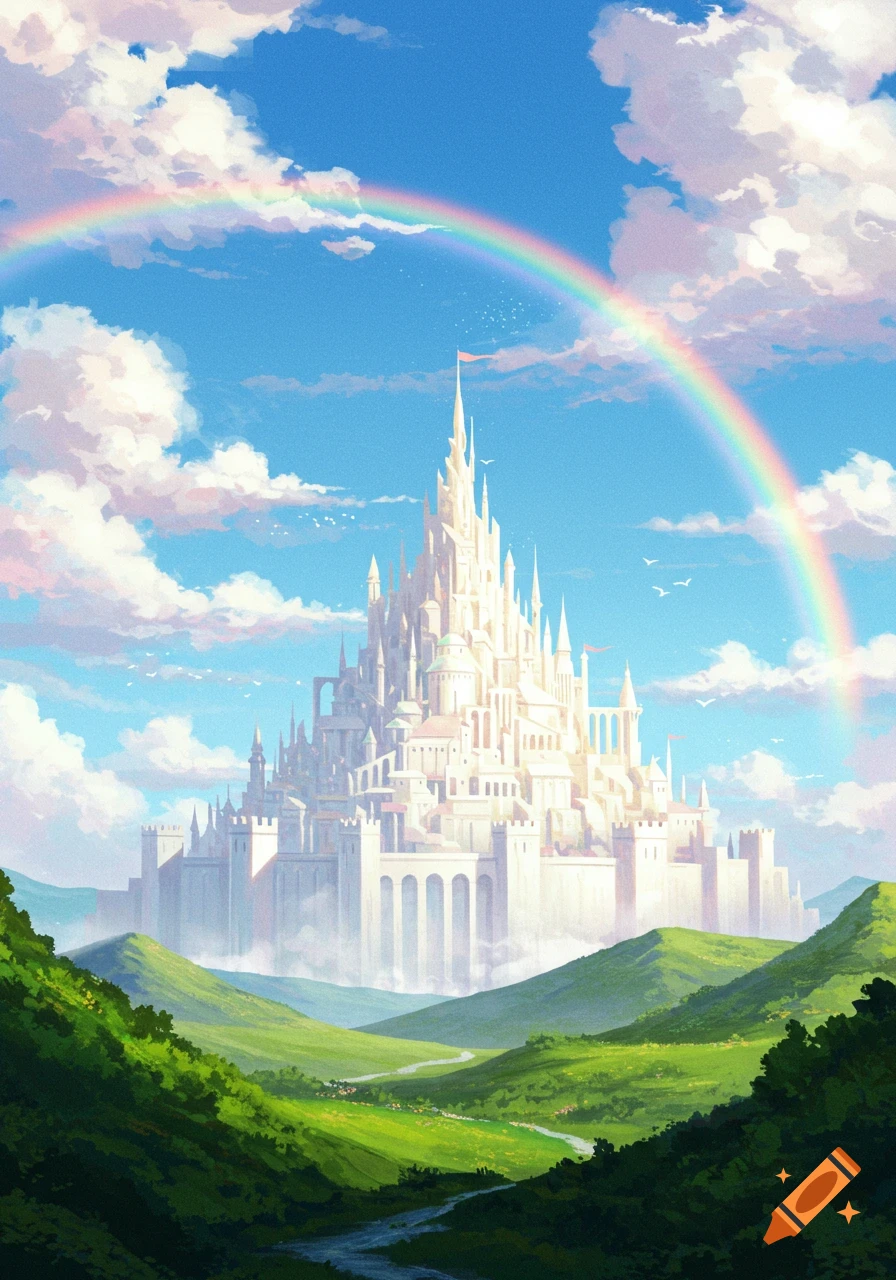 A fantastical white castle with many spires sits in a vibrant green valley under a bright blue sky with a prominent rainbow.
