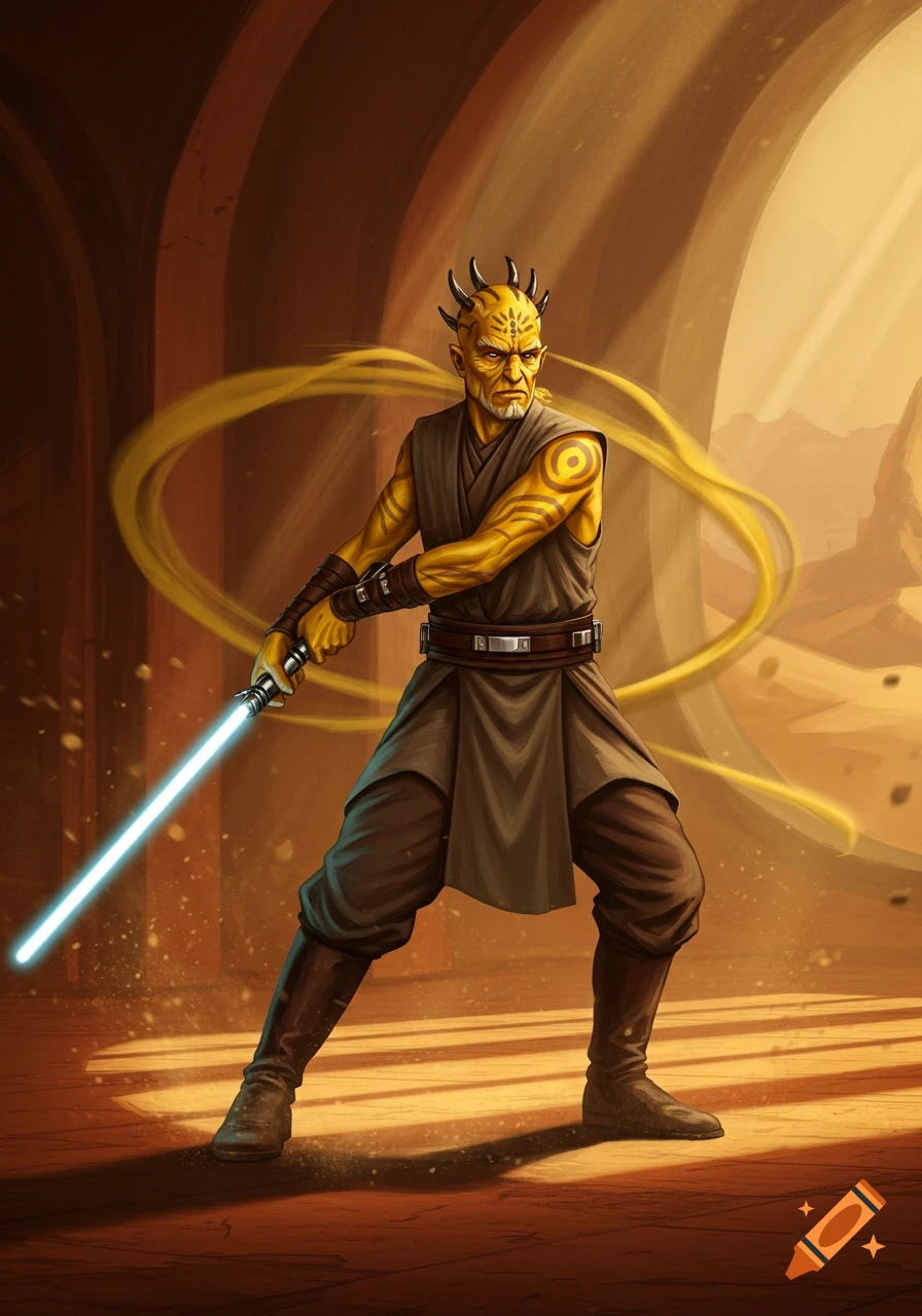 Yellow-skinned Zabrak with horns and tattoos, holding a blue lightsaber in a desert temple, stylized illustration.