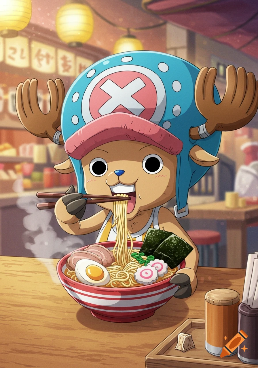 Cartoony Tony Tony Chopper eating ramen noodles with chopsticks at a ramen shop.