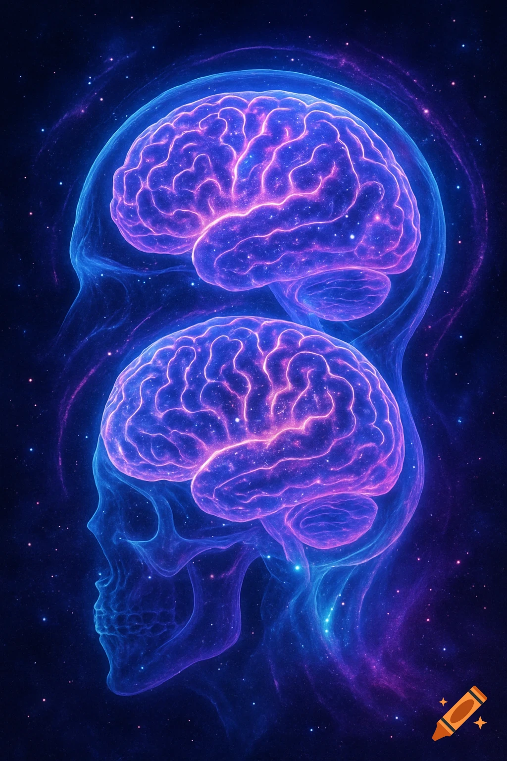 Two glowing purple and blue brains inside transparent skull outlines against a vibrant starry galaxy background.