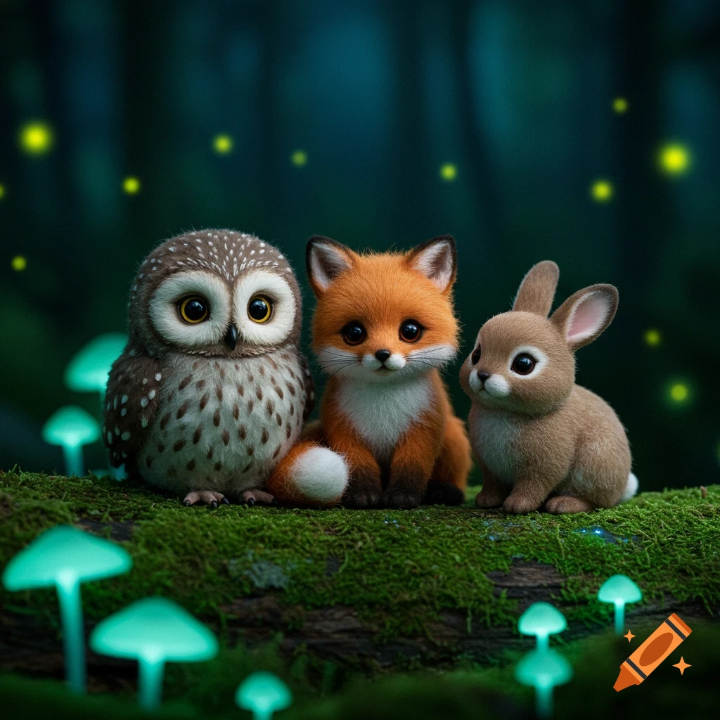 Three cute, plush-like animals (owl, fox, bunny) sit on a mossy log in a magical forest with glowing mushrooms and fireflies.