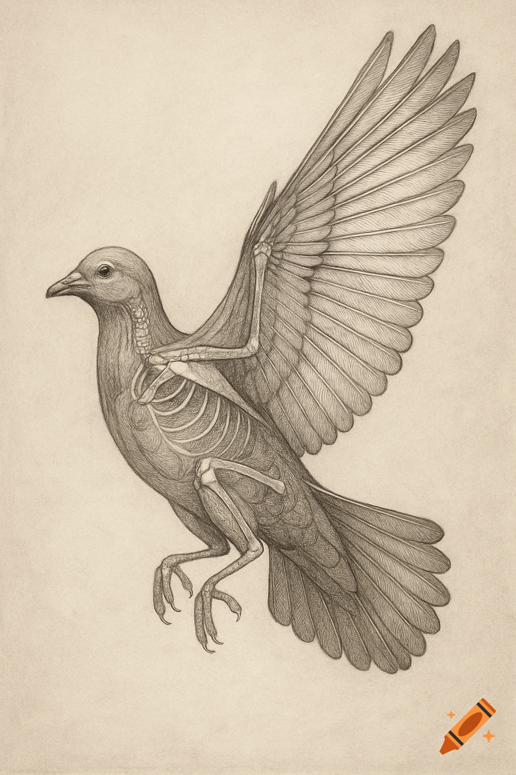 Pencil drawing of a flying pigeon with its skeleton visible, depicted in an anatomical illustration style.