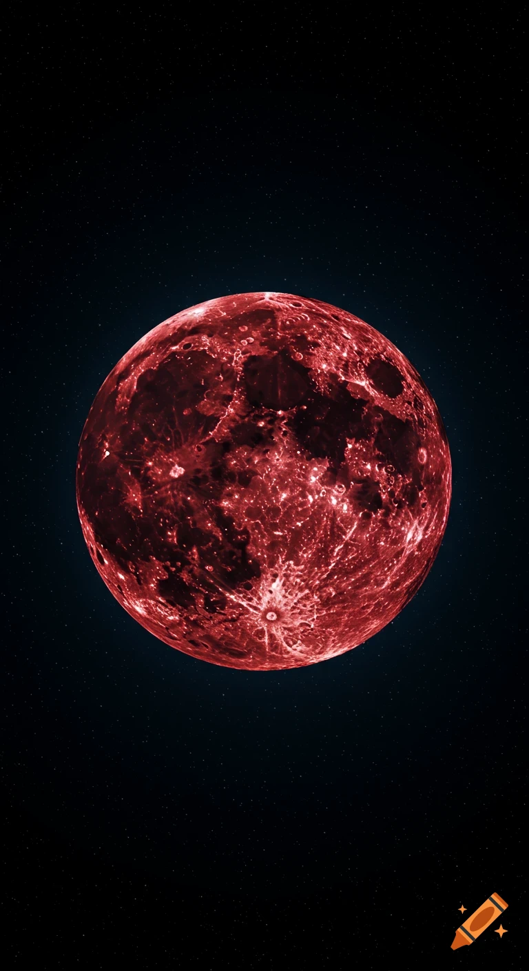 A glowing red moon with visible craters and bright veins, centered against a dark, star-filled space background.