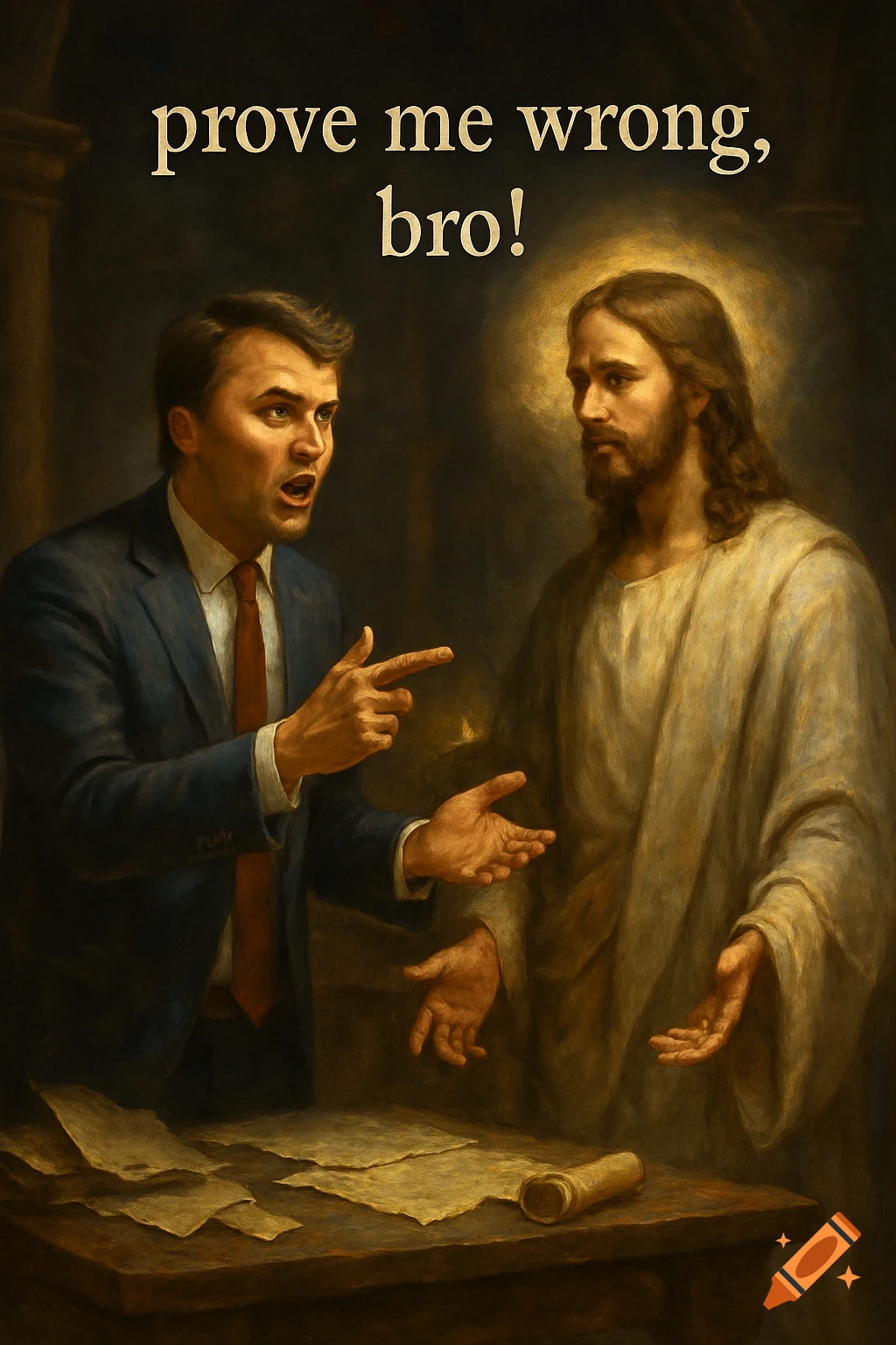 A man in a suit points and argues with Jesus, who stands calmly, in a classical painting style. Text above reads: "prove me wrong, bro!"