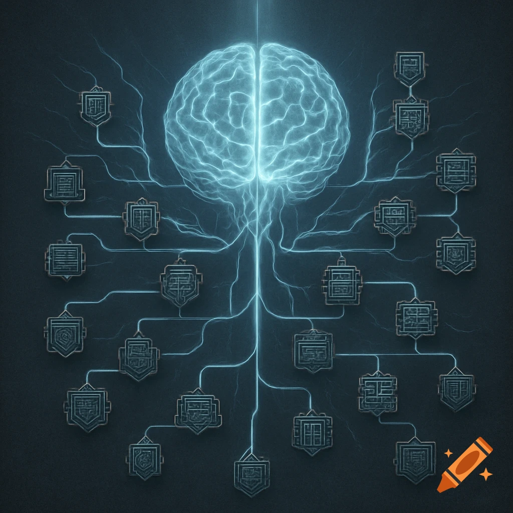 A glowing blue brain with electric lines connecting to a tree-like structure of ornate, shield-shaped nodes on a dark background.