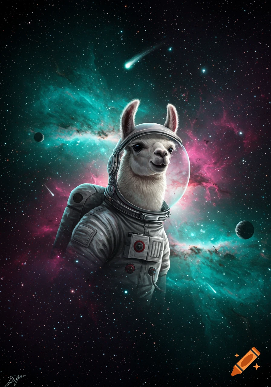A white llama wearing a detailed astronaut suit and helmet floats in deep space, surrounded by vibrant turquoise and pink nebulae, stars, and planets.
