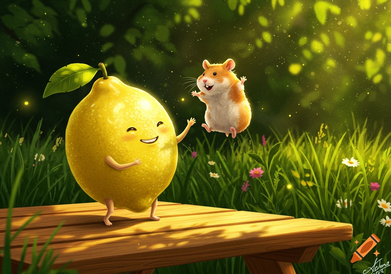 A cheerful cartoon lemon on a picnic table interacts with a happy jumping hamster in a sunny, grassy field.