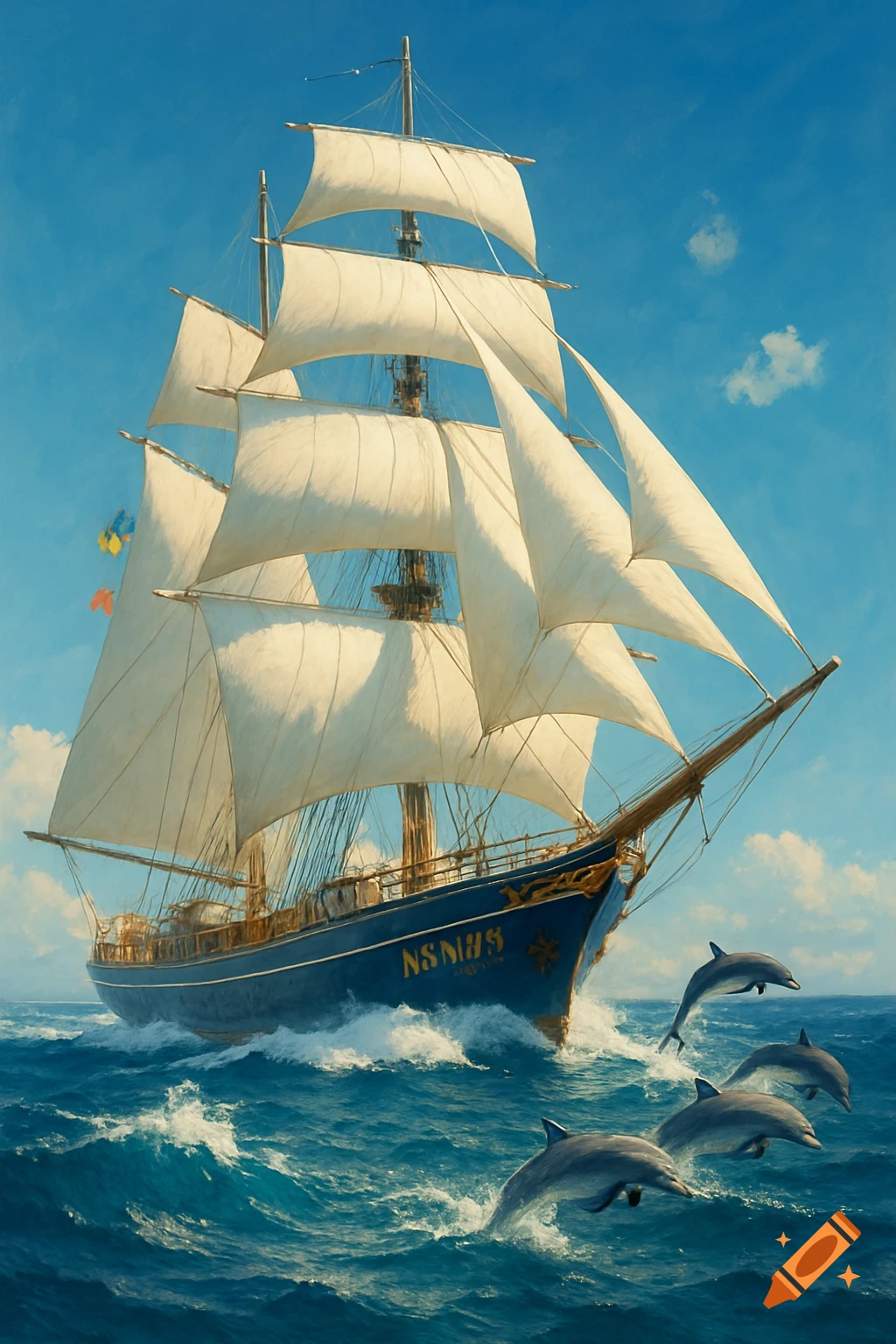 A grand blue sailing ship with white sails navigates a choppy blue ocean, accompanied by dolphins leaping from the waves under a clear sky.