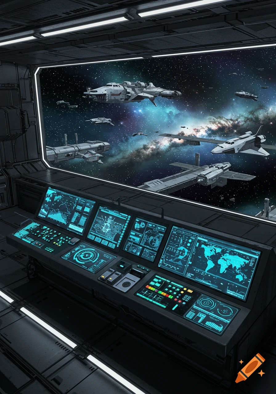 A control panel inside a futuristic space station with a large window looking out at multiple spaceships and a vibrant galaxy.