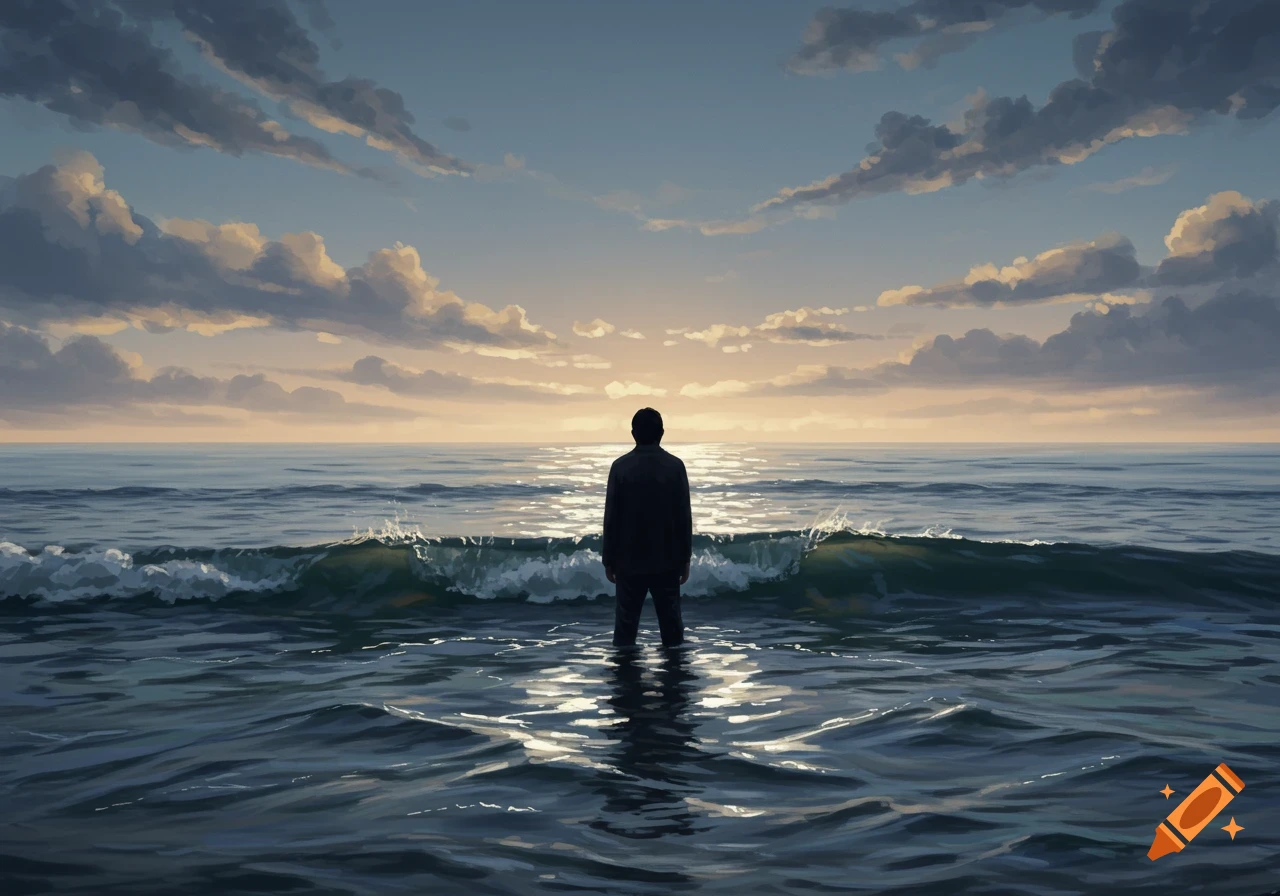 A solitary man stands in the ocean, gazing at a beautiful sunset under a cloudy sky, in a digital painting style.