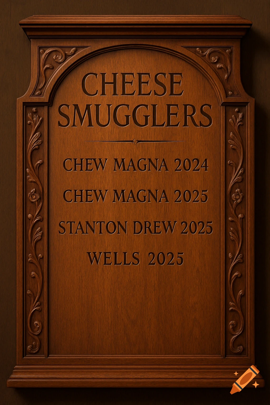 A detailed, carved wooden honors board with engraved text 'CHEESE SMUGGLERS', 'CHEW MAGNA 2024', 'CHEW MAGNA 2025', 'STANTON DREW 2025', 'WELLS 2025'.