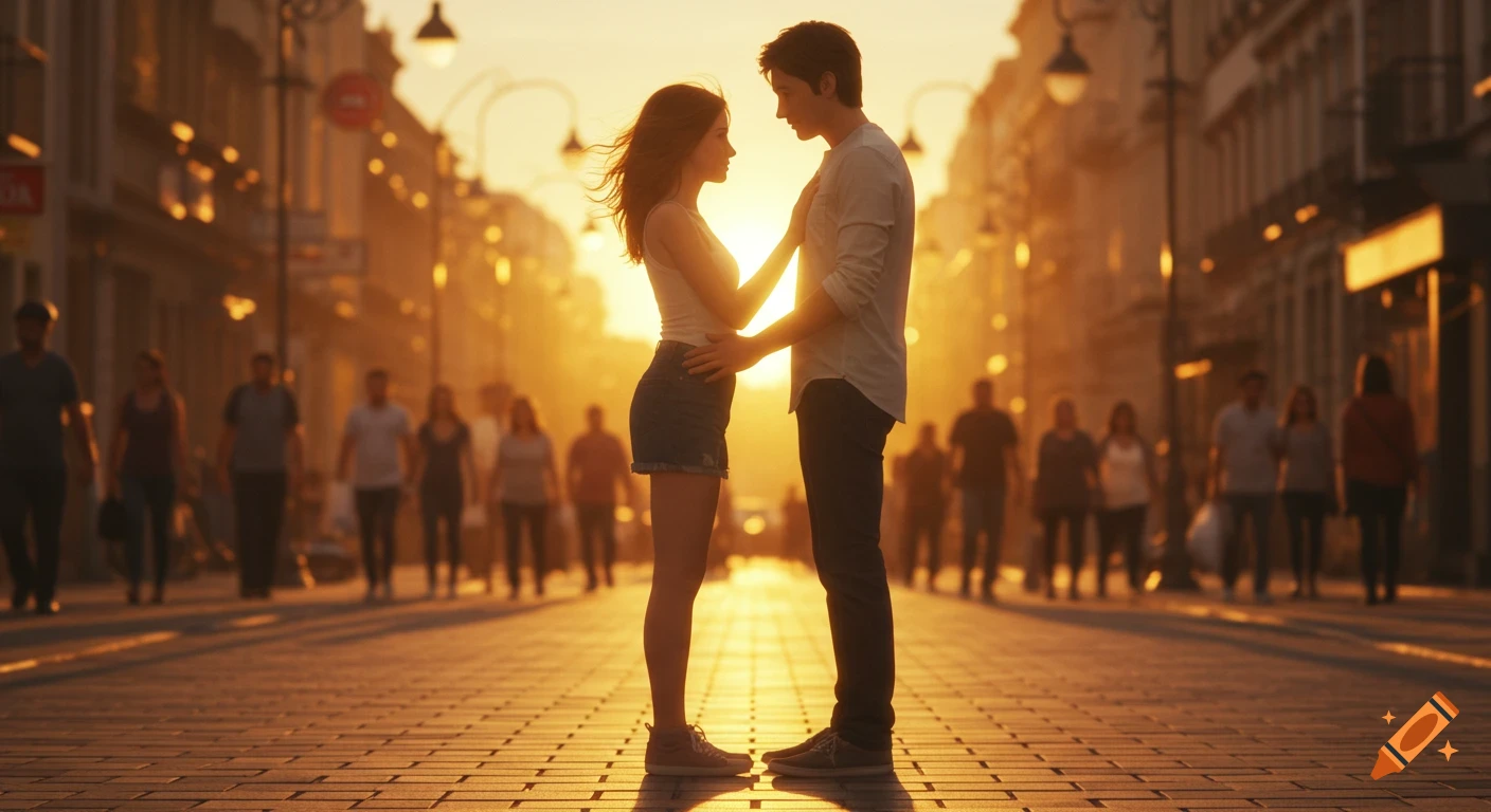 A romantic couple holds hands and gazes at each other on a bustling city street at sunset, bathed in warm golden light.