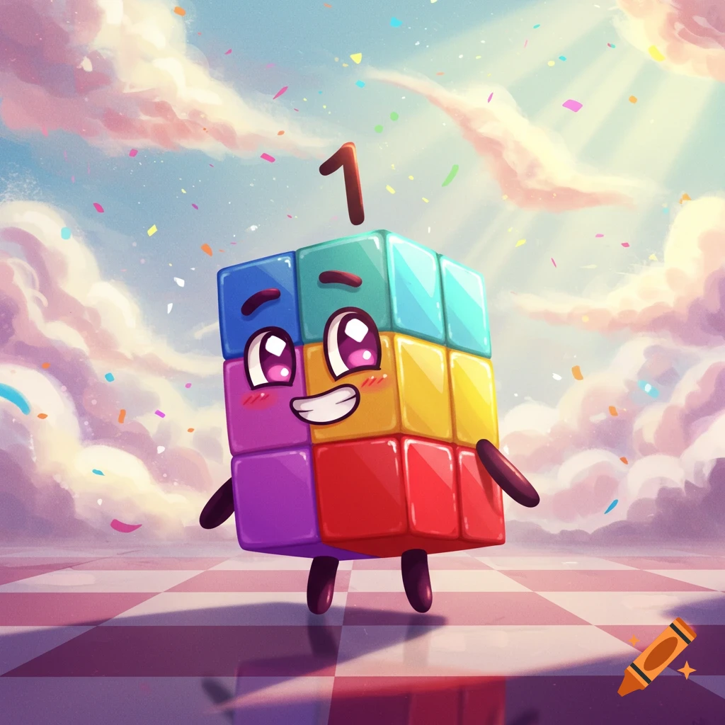 A cheerful, colorful block character resembling Numberblock 1, with a '1' above its head, stands on a checkered floor under a cloudy sky with confetti.